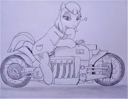 Size: 900x703 | Tagged: safe, artist:drcool13, imported from derpibooru, powder rouge, earth pony, pony, female, lidded eyes, mare, monochrome, motorcycle, solo, traditional art