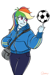 Size: 640x960 | Tagged: safe, artist:glomasy, imported from derpibooru, rainbow dash, equestria girls, ball, clothes, duffle bag, female, football, hoodie, jacket, simple background, solo, sports, white background