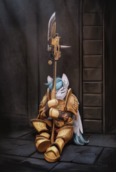 Size: 2000x2960 | Tagged: safe, artist:inowiseei, imported from derpibooru, oc, oc only, oc:lonepegasus, pegasus, pony, adeptus custodes, armor, commission, crossover, eyes closed, guard, guardian spear, high res, male, power armor, sleeping, solo, warhammer (game), warhammer 40k, weapon