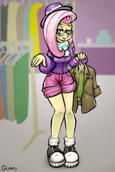 Size: 640x960 | Tagged: safe, artist:glomasy, imported from derpibooru, fluttershy, anthro, pegasus, plantigrade anthro, fake it 'til you make it, alternate hairstyle, boutique, clothes, converse, female, glasses, hat, hipster, hipstershy, shoes, solo