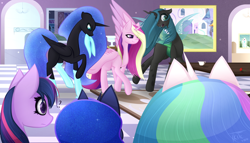 Size: 7000x4000 | Tagged: safe, artist:kids-in-the-corner, artist:those kids in the corner, imported from derpibooru, nightmare moon, princess cadance, princess celestia, princess luna, queen chrysalis, twilight sparkle, alicorn, changeling, changeling queen, absurd resolution, angry, annoyed, canterlot, clothes, confused, cup, female, flower, rug, smiling, socks, table, teacup, twilight sparkle (alicorn), wallpaper