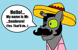 Size: 947x605 | Tagged: safe, artist:logan jones, imported from derpibooru, king sombra, broken horn, clothes, disguise, fake moustache, horn, king sombrero, light blue background, male, marge vs the monorail, paper-thin disguise, shirt, sombrero, the simpsons