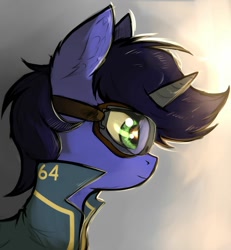 Size: 1280x1383 | Tagged: safe, artist:tatykin, imported from derpibooru, oc, oc only, pony, unicorn, fallout equestria, clothes, glasses, jumpsuit, male, solo, stable-tec, vault suit