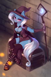 Size: 1890x2852 | Tagged: safe, artist:vincher, imported from derpibooru, trixie, anthro, unguligrade anthro, unicorn, bedroom eyes, boots, breasts, busty trixie, cleavage, clothes, commission, female, gloves, hat, hoof boots, lidded eyes, looking at you, looking up, mare, shoes, smiling, solo, staff, stockings, thigh highs, treasure chest, wizard, wizard hat