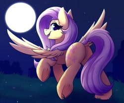 Size: 1500x1250 | Tagged: safe, artist:shadowreindeer, imported from derpibooru, fluttershy, pegasus, pony, adorasexy, butt, cute, dock, featureless crotch, female, flutterbutt, frog (hoof), grass, looking back, mare, moon, night, plot, raised tail, sexy, shyabetes, smiling, solo, spread wings, stars, tail, underhoof, wings