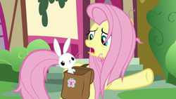 Size: 1920x1080 | Tagged: safe, imported from derpibooru, screencap, angel bunny, fluttershy, pony, rabbit, she talks to angel, animal, bag, duo, female, male, mare, messy mane, open mouth, raised hoof, saddle bag