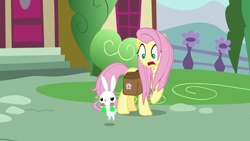 Size: 1920x1080 | Tagged: safe, imported from derpibooru, screencap, angel bunny, fluttershy, pegasus, pony, rabbit, she talks to angel, animal, bag, bottle, duo, female, male, mare, messy mane, potion, saddle bag