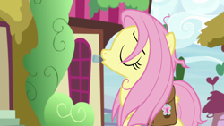 Size: 1920x1080 | Tagged: safe, imported from derpibooru, screencap, fluttershy, pony, she talks to angel, bag, bottle, drinking, eyes closed, female, mare, saddle bag, solo