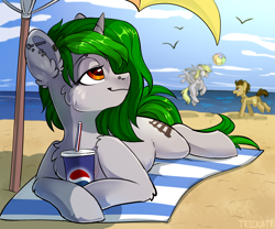 Size: 3000x2500 | Tagged: safe, artist:trickate, imported from derpibooru, derpy hooves, doctor whooves, time turner, oc, bird, earth pony, pegasus, pony, unicorn, beach, beach ball, female, lying down, male, mare, my little pony, ocean, pepsi, playing, prone, rcf community, relaxing, soda, stallion, trio, umbrella