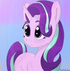 Size: 3480x3508 | Tagged: safe, artist:angelinarichter, imported from derpibooru, starlight glimmer, pony, unicorn, blue background, cute, eye clipping through hair, female, glimmerbetes, high res, mare, simple background, solo