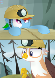 Size: 2000x2853 | Tagged: safe, artist:rainbow eevee, imported from derpibooru, gimme moore, rainbow dash, griffon, pegasus, pony, the lost treasure of griffonstone, cute, duo, female, folded wings, grin, helmet, helpful, lidded eyes, looking up, mining helmet, rock, rope, smiling, tree, wings