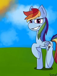 Size: 400x534 | Tagged: safe, artist:lexuslove1234, imported from derpibooru, rainbow dash, pony, female, grass, sky, smiling, solo, sun