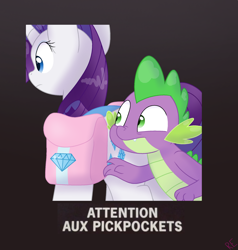 Size: 1580x1657 | Tagged: safe, imported from derpibooru, rarity, spike, dragon, pony, unicorn, bag, diamond, faic, female, french, frown, male, pickpocketing, saddle bag, stealing, text, theft, this will not end well