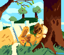 Size: 220x188 | Tagged: safe, artist:cammy, artist:dinexistente, imported from derpibooru, applejack, pony, apple, apple tree, aseprite, female, limited palette, pixel art, sleeping, solo, tree