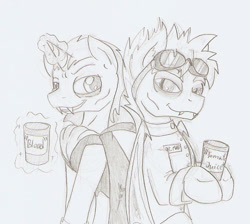 Size: 810x727 | Tagged: safe, artist:ravenpuff, imported from derpibooru, oc, oc only, oc:prof. sanguinem, oc:sunshine unit, bat pony, pony, unicorn, bags under eyes, bat pony oc, bat wings, blood, clothes, collar, costume, cup, duo, fangs, glowing horn, goggles, grayscale, hoof hold, horn, lab coat, magic, male, monochrome, slit eyes, slit pupils, smiling, stallion, telekinesis, traditional art, unicorn oc, wings