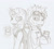 Size: 810x727 | Tagged: safe, artist:ravenpuff, imported from derpibooru, oc, oc only, oc:prof. sanguinem, oc:sunshine unit, bat pony, pony, unicorn, bags under eyes, bat pony oc, bat wings, blood, clothes, collar, costume, cup, duo, fangs, glowing horn, goggles, grayscale, hoof hold, horn, lab coat, magic, male, monochrome, slit eyes, slit pupils, smiling, stallion, telekinesis, traditional art, unicorn oc, wings