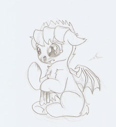 Size: 645x702 | Tagged: safe, artist:ravenpuff, imported from derpibooru, oc, oc only, oc:prof. sanguinem, bat pony, pony, bags under eyes, bat pony oc, bat wings, blood, chest fluff, colt, grayscale, male, monochrome, nosebleed, raised hoof, sitting, tissue, traditional art, underhoof, wings, younger