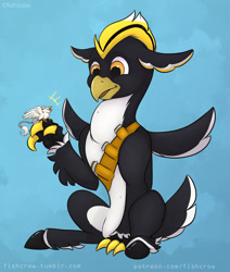 Size: 1234x1453 | Tagged: safe, artist:fishcrow, imported from derpibooru, oc, oc only, oc:der, oc:ping wing, griffon, hippogriff, bandolier, chirping, duo, micro, sitting