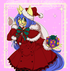 Size: 4000x4092 | Tagged: safe, artist:nemu majo, imported from derpibooru, oc, oc only, oc:logical leap, anthro, unicorn, abstract background, anthro oc, bow, capelet, christmas, clothes, female, glasses, hat, holiday, mare, one eye closed, present, sack, santa hat, tongue out, wink, ych result