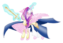 Size: 2052x1410 | Tagged: safe, artist:mysteriousshine, imported from derpibooru, princess cadance, alicorn, pony, armor, cloak, clothes, female, glowing horn, heterochromia, horn, magic, mare, simple background, solo, sword, telekinesis, weapon, white background