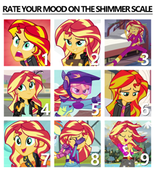 Size: 1000x1100 | Tagged: safe, edit, edited screencap, imported from derpibooru, screencap, sunset shimmer, driving miss shimmer, equestria girls, equestria girls (movie), equestria girls series, friendship games, legend of everfree, rainbow rocks, book, chart, clothes, cropped, cute, driving miss shimmer: fluttershy, excited, facepalm, gloves, helmet, karate, motorcross, motorcycle, rageset shimmer, screaming, shimmerbetes, singing, want