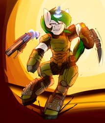 Size: 3000x3500 | Tagged: safe, artist:coatieyay, imported from derpibooru, oc, oc only, oc:baron, pony, unicorn, armor, doom, doom eternal, doom guy, doomguy, female, gun, magic, mare, weapon