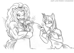 Size: 1200x863 | Tagged: safe, artist:kaemantis, imported from derpibooru, adagio dazzle, twilight sparkle, anthro, acardio dazzle, commission, monochrome, muscles