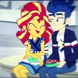 Size: 410x410 | Tagged: safe, edit, edited screencap, imported from derpibooru, screencap, flash sentry, sunset shimmer, eqg summertime shorts, equestria girls, good vibes, cropped, female, flashimmer, male, shipping, straight, sunset sushi