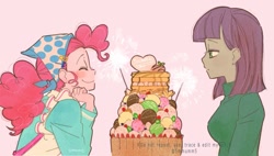 Size: 1059x602 | Tagged: safe, artist:5mmumm5, deleted from derpibooru, imported from derpibooru, amethyst star, maud pie, pinkie pie, sparkler, equestria girls, apron, cake, clothes, eyes closed, food, ice cream, pancakes, text