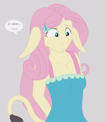 Size: 1291x1487 | Tagged: safe, artist:violetrosefall, imported from derpibooru, fluttershy, anthro, butterfly, donkey, equestria girls, arm behind back, arm fluff, blushing, braying, breasts, bucktooth, busty fluttershy, cheek fluff, chest fluff, clothes, donkey ears, donkified, dress, ear fluff, elbow fluff, female, floppy ears, gray background, hairclip, jenny, long ears, nervous, requested art, shoulder fluff, shy, simple background, solo, species swap, speech bubble, tail, transformation