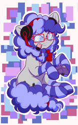 Size: 3000x4819 | Tagged: safe, alternate version, artist:twisted-sketch, imported from derpibooru, oc, oc only, oc:cinnabyte, earth pony, pony, adorkable, bandana, cinnabetes, clothes, commission, cute, dork, earth pony oc, female, gaming headset, glasses, headset, mare, meganekko, socks, striped socks, tongue out