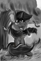 Size: 2000x3000 | Tagged: safe, artist:euspuche, imported from derpibooru, oc, oc only, oc:scoot, pony, unicorn, black and white, grayscale, looking up, monochrome, smiling, solo, tree