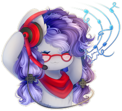 Size: 1641x1492 | Tagged: safe, artist:sweesear, imported from derpibooru, oc, oc only, oc:cinnabyte, earth pony, pony, adorkable, bandana, chibi, cinnabetes, cute, dork, earth pony oc, eyes closed, female, gaming headset, glasses, headset, icon, mare, pigtails, simple background, solo, transparent background