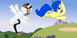 Size: 730x356 | Tagged: safe, artist:assistantaiding, imported from derpibooru, oc, oc:aiding assistant, oc:lightning bliss, alicorn, pegasus, pony, female, flying, freckles, leonine tail, male, mare, multicolored hair, photo, rainbow hair, stallion, wings