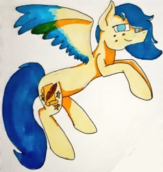 Size: 976x1024 | Tagged: artist needed, safe, imported from derpibooru, oc, oc only, oc:aiding assistant, pegasus, pony, flying, freckles, male, photo, solo, stallion, traditional art