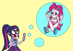 Size: 1329x940 | Tagged: safe, artist:bugssonicx, imported from derpibooru, pinkie pie, sci-twi, twilight sparkle, human, equestria girls, equestria girls series, blowing bubbles, bowtie, bubble, bubble wand, clothes, female, floating, geode of telekinesis, glasses, hairpin, in bubble, magical geodes, pantyhose, pinkie being pinkie, ponytail, sandals, simple background, skirt, surprised, tanktop, trapped, yellow background