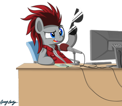 Size: 2272x1975 | Tagged: safe, artist:le-23, imported from derpibooru, oc, oc only, oc:redcord pony, earth pony, pony, clothes, computer, high res, male, microphone, simple background, solo, stallion, sunglasses, transparent background, vest