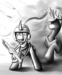 Size: 1400x1680 | Tagged: safe, artist:richmay, imported from derpibooru, princess celestia, changeling, armor, black and white, crossover, grayscale, gun, helmet, monochrome, sketch, starship troopers, weapon