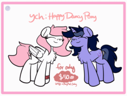 Size: 1440x1080 | Tagged: safe, artist:kimjoman, artist:php142, deleted from derpibooru, imported from derpibooru, oc, oc only, oc:purple flix, oc:sugar morning, pegasus, pony, unicorn, animated, chest fluff, commission, cute, dancing, eyes closed, female, male, mare, simple background, stallion, standing, text, ych example, your character here