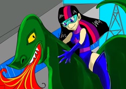 Size: 1280x905 | Tagged: safe, artist:dizzyspot, imported from derpibooru, twilight sparkle, human, kaiju, boots, female, fire, fire breath, giantess, humanized, macro, magic gaia, riding, shoes, superhero, thigh boots