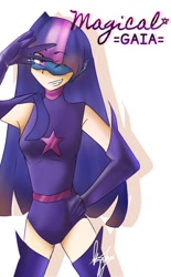 Size: 540x870 | Tagged: safe, artist:krayzille, imported from derpibooru, twilight sparkle, human, armpits, boots, grin, humanized, magic gaia, one eye closed, shoes, smiling, superhero, thigh boots, wink