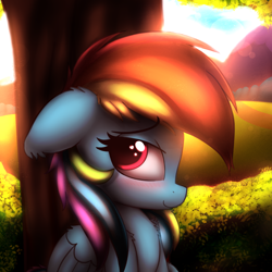 Size: 2500x2500 | Tagged: safe, artist:heavymetalbronyyeah, imported from derpibooru, rainbow dash, pegasus, pony, blushing, chest fluff, cute, dashabetes, ear fluff, female, floppy ears, heart eyes, high res, leg fluff, mare, profile, solo, tree, under the tree, wingding eyes
