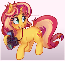 Size: 3800x3529 | Tagged: safe, artist:katakiuchi4u, imported from derpibooru, sunset shimmer, pony, unicorn, camera, cute, female, freckles, gradient background, high res, holding, hoof hold, looking back, mare, open mouth, peppered bacon, raised hoof, shimmerbetes, smiling, solo