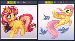 Size: 506x278 | Tagged: safe, artist:katakiuchi4u, derpibooru exclusive, imported from derpibooru, fluttershy, sunset shimmer, bird, bluebird, pegasus, pony, unicorn, derpibooru, camera, female, floppy ears, flying, freckles, gradient background, holding, juxtaposition, juxtaposition win, looking back, mare, meme, meta, open mouth, peppered bacon, raised hoof, smiling, solo, spread wings, wings