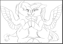 Size: 817x582 | Tagged: safe, artist:breioom, imported from derpibooru, oc, oc only, oc:circuit breaker, oc:strawberry breeze, pegasus, pony, boop, duo, eye contact, looking at each other, monochrome, nose wrinkle, noseboop, sitting, sketch
