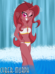 Size: 1512x2016 | Tagged: safe, artist:cyber-murph, imported from derpibooru, oc, oc:mezma, equestria girls, arm behind head, armpits, bathing, belly, belly button, bikini, birthday gift, clothes, disguise, disguised siren, fins, midriff, o-ring swimsuit, one eye closed, swimsuit, waterfall, wink, winking at you