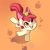 Size: 617x617 | Tagged: safe, artist:drtuo4, imported from derpibooru, apple bloom, earth pony, pony, adorabloom, apple, apple on head, bow, cute, female, filly, food, hair bow, happy, looking up, open mouth, solo, weapons-grade cute