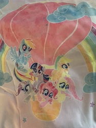 Size: 4032x3024 | Tagged: safe, imported from derpibooru, applejack, fluttershy, pinkie pie, rainbow dash, rarity, twilight sparkle, bedding, cloud, cute, hot air balloon, irl, mane six, merchandise, photo, rainbow