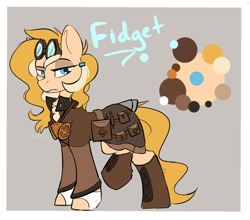 Size: 1406x1238 | Tagged: safe, artist:beardie, imported from derpibooru, oc, oc only, oc:fidget, earth pony, pony, aviator goggles, bag, boots, character design, clothes, commission, equine, female, goggles, gray background, jacket, lidded eyes, mare, reference sheet, saddle bag, shoes, simple background, solo