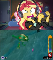 Size: 720x809 | Tagged: safe, edit, edited screencap, imported from derpibooru, screencap, fluttershy, sunset shimmer, equestria girls, equestria girls series, game stream, spoiler:eqg series (season 2), big the cat, fishing, froggy, game grumps, gamer sunset, meme, rage, sonic adventure, sonic adventure dx, sonic the hedgehog (series), sunset gamer, sunset shimmer frustrated at game, sunset's apartment, video game